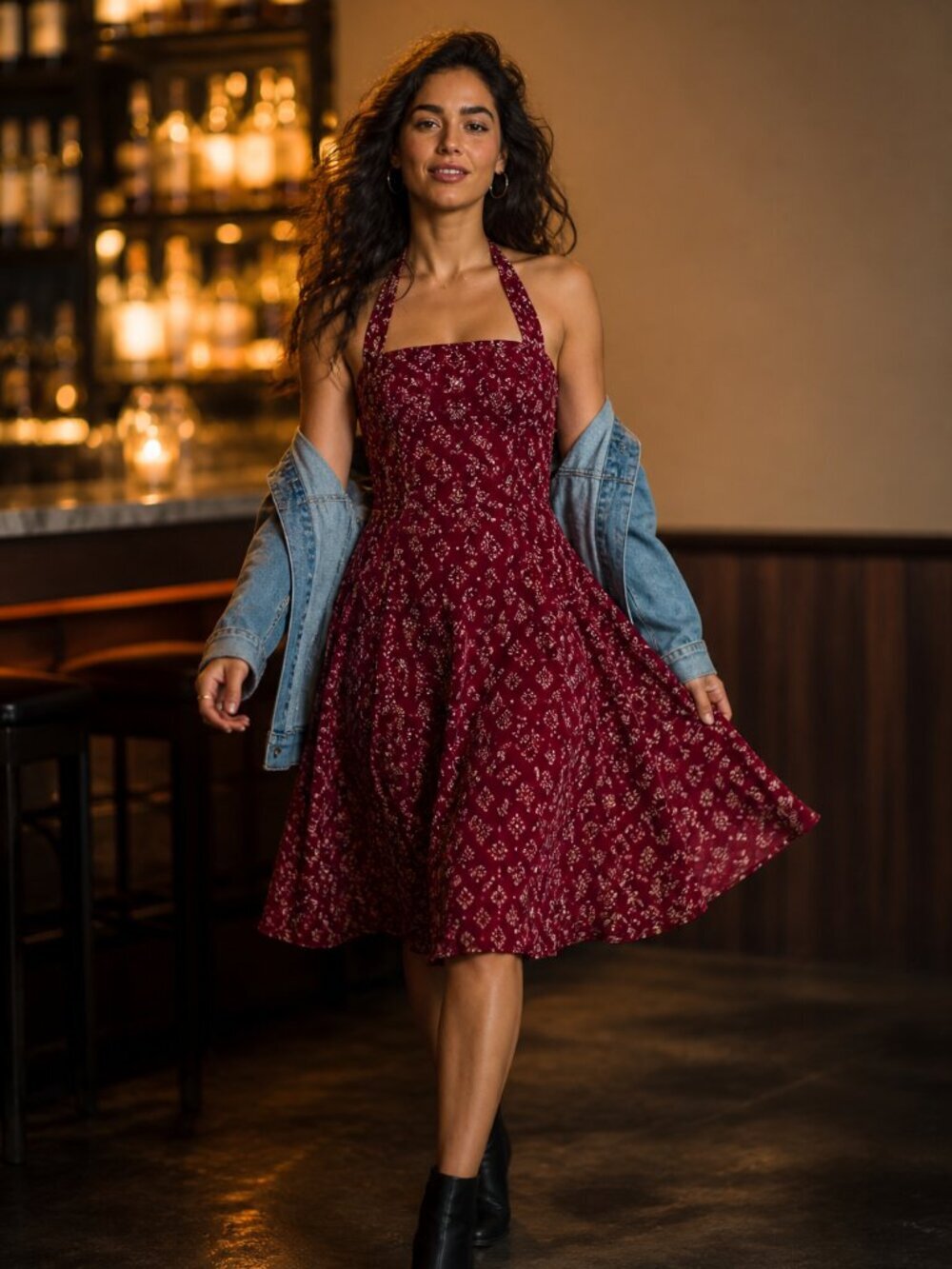 Collectif Burgundy Bandana Halter Dress Midi Cotton Sateen Retro Night Out